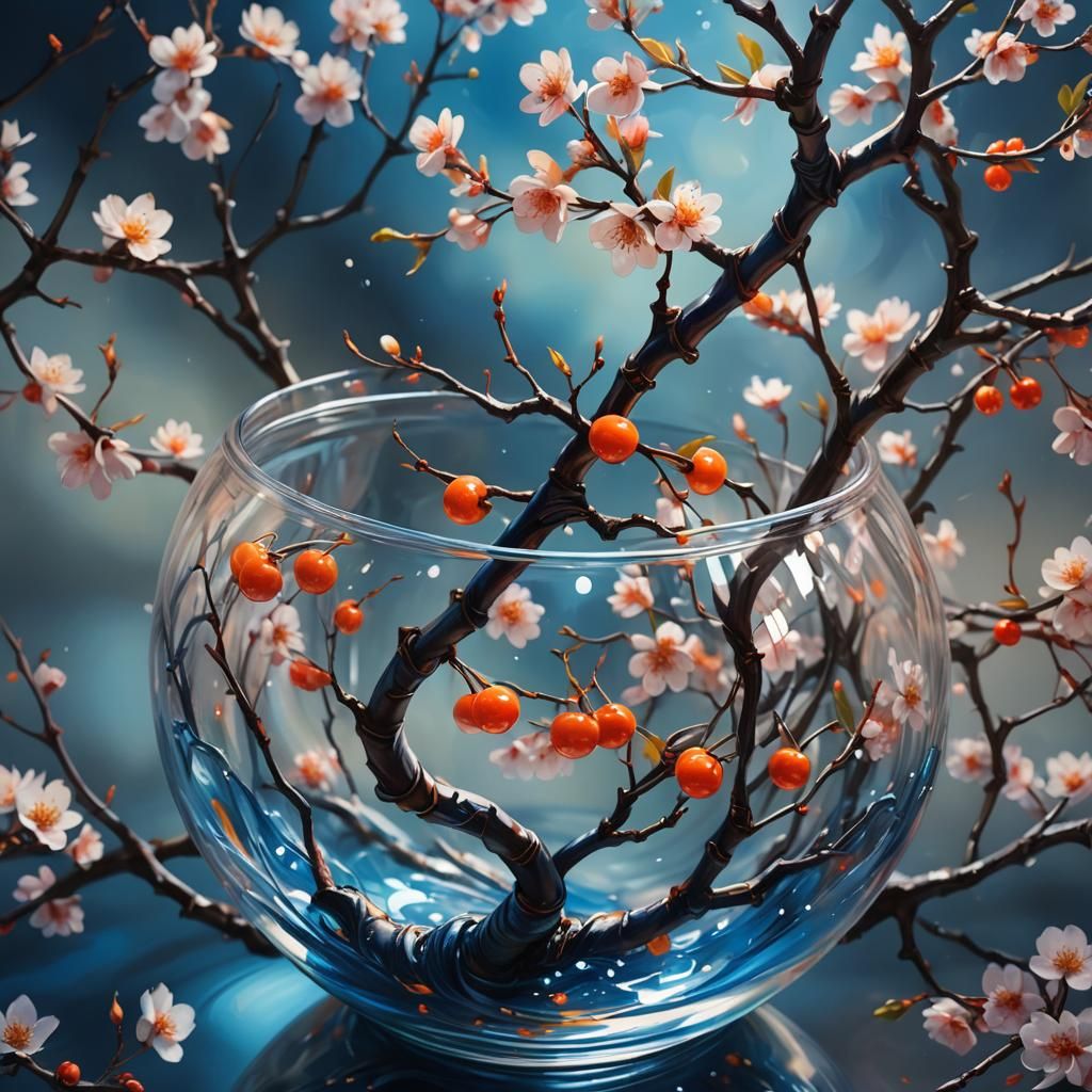 Cherry Tree in Glass: Ethereal Oil Painting