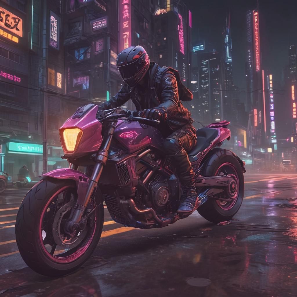 Biker Rides Neon Motorbike Through Cyberpunk City