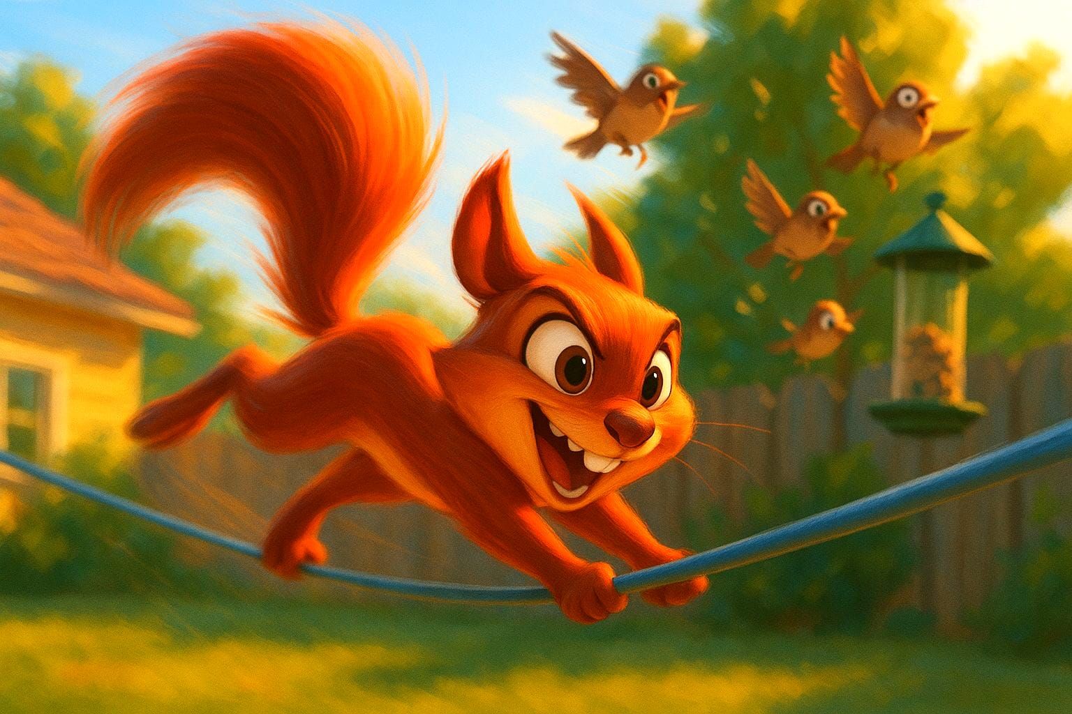 Squirrel Balances on Clothesline in Pixar Animation Style