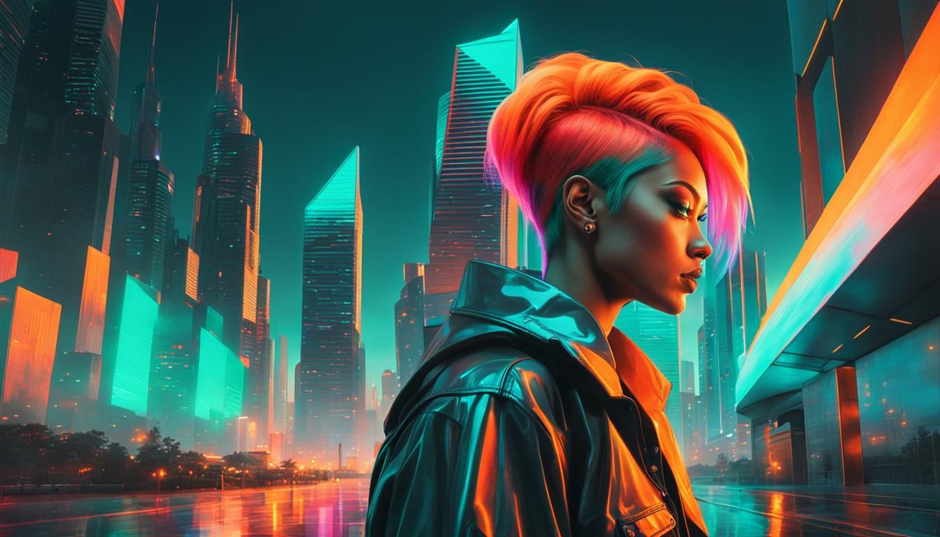 Neon-Lit Cyberpunk Figure in Cubist Cityscape