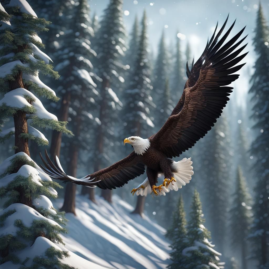 Eagle in Snowy Pines: Detailed Matte Painting