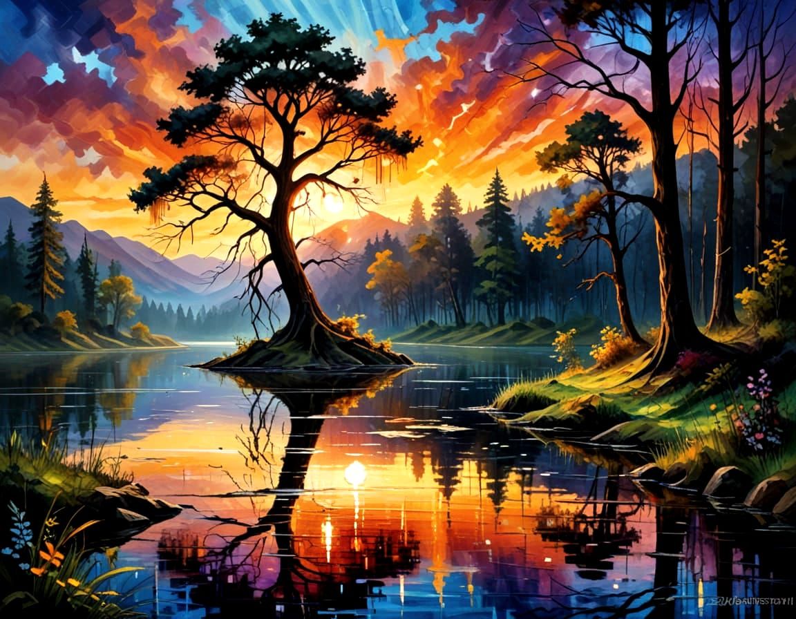Ethereal Sunrise in a Mysterious Forest Lake Scene