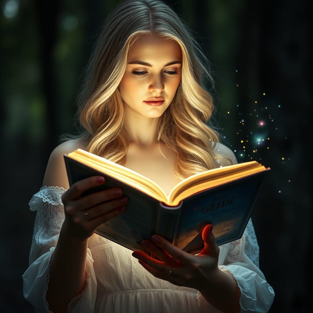 Woman with Glowing Book in Magical Forest