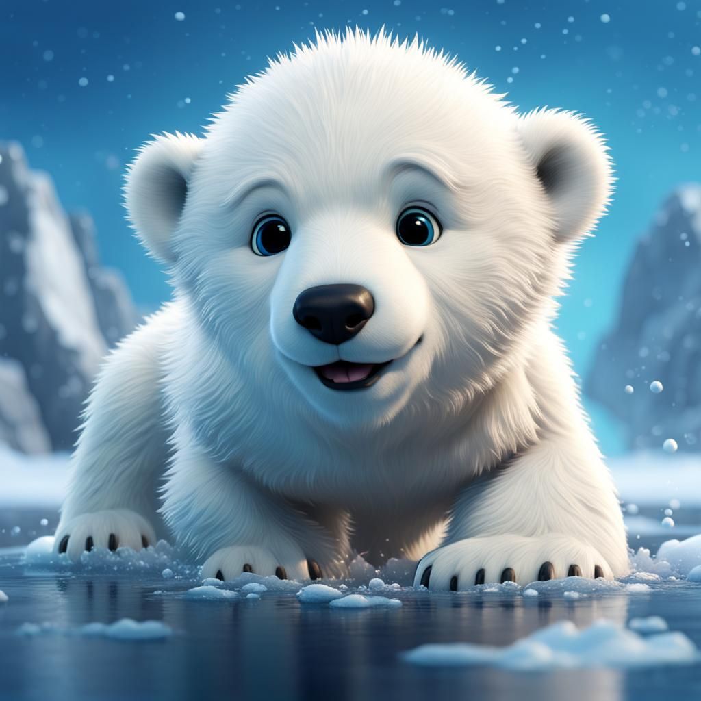 Adorable baby polar bear happily splashing in an ice puddle