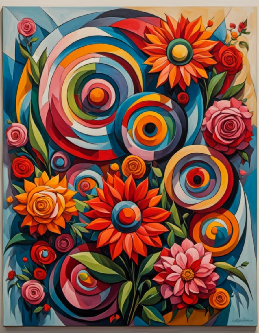 Cubist Concentric Circles with Flowers in Impasto Style