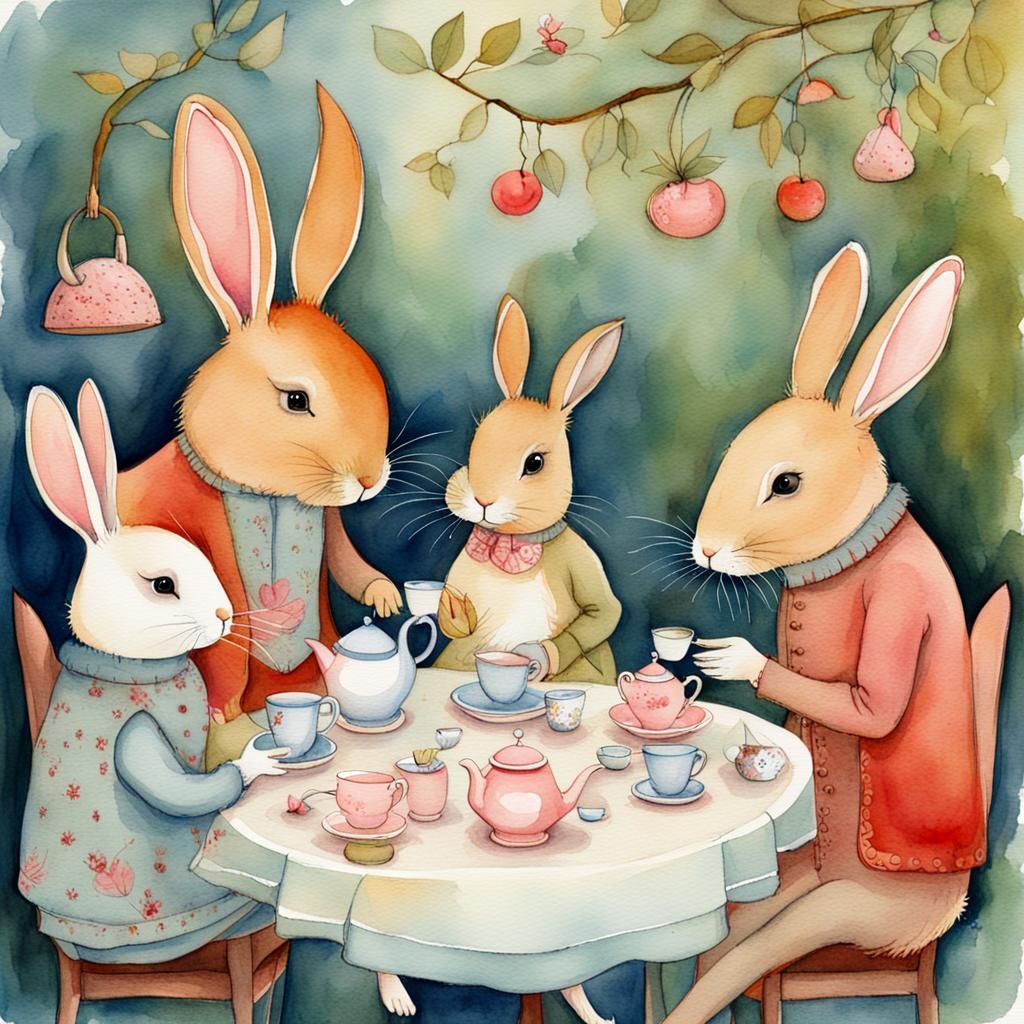 Fairytale book illustration of bunnies having a tea party watercolor painting by Anna Silivonchik