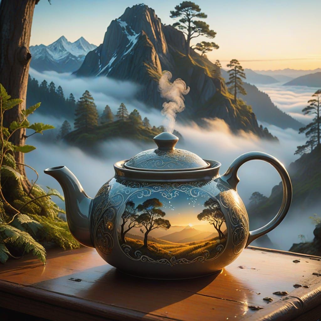 Mystical Rainforest Teapot in Stardust Glory at Sunrise