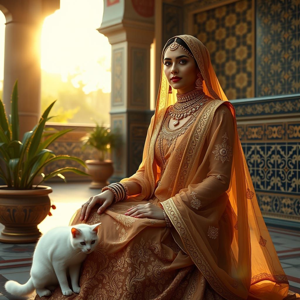 Muslim Bride in Gold Anarkali Dress in Hyper-Realistic Style