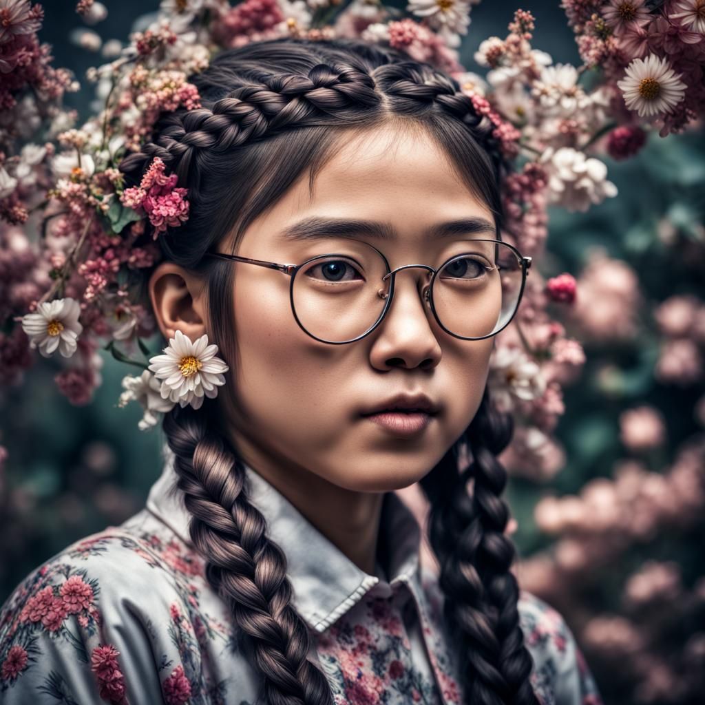 Asian Girl with Braids Covered in Flowers, Hyperrealistic