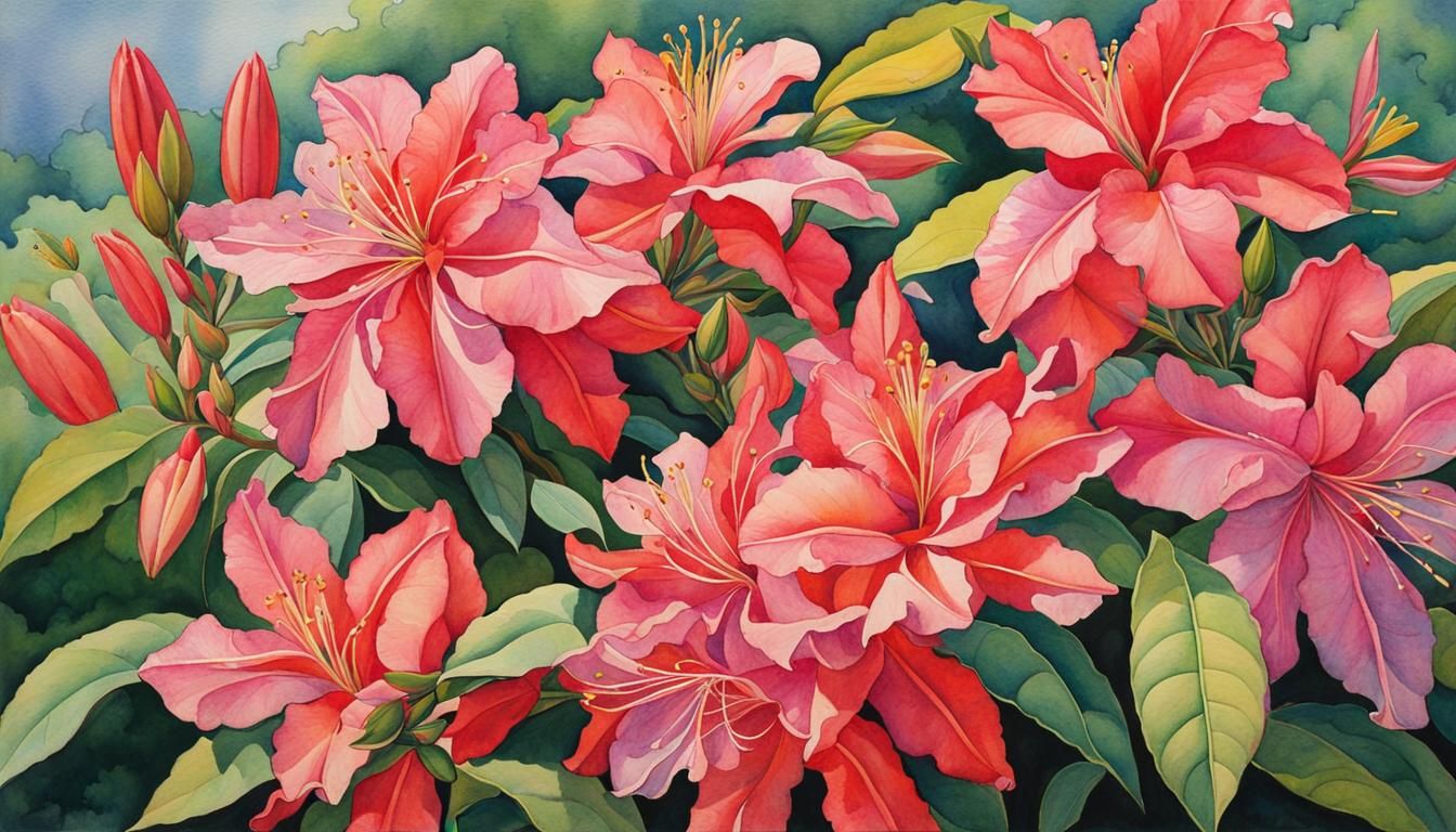 Colorful Azaleas in Watercolor Ashcan Style