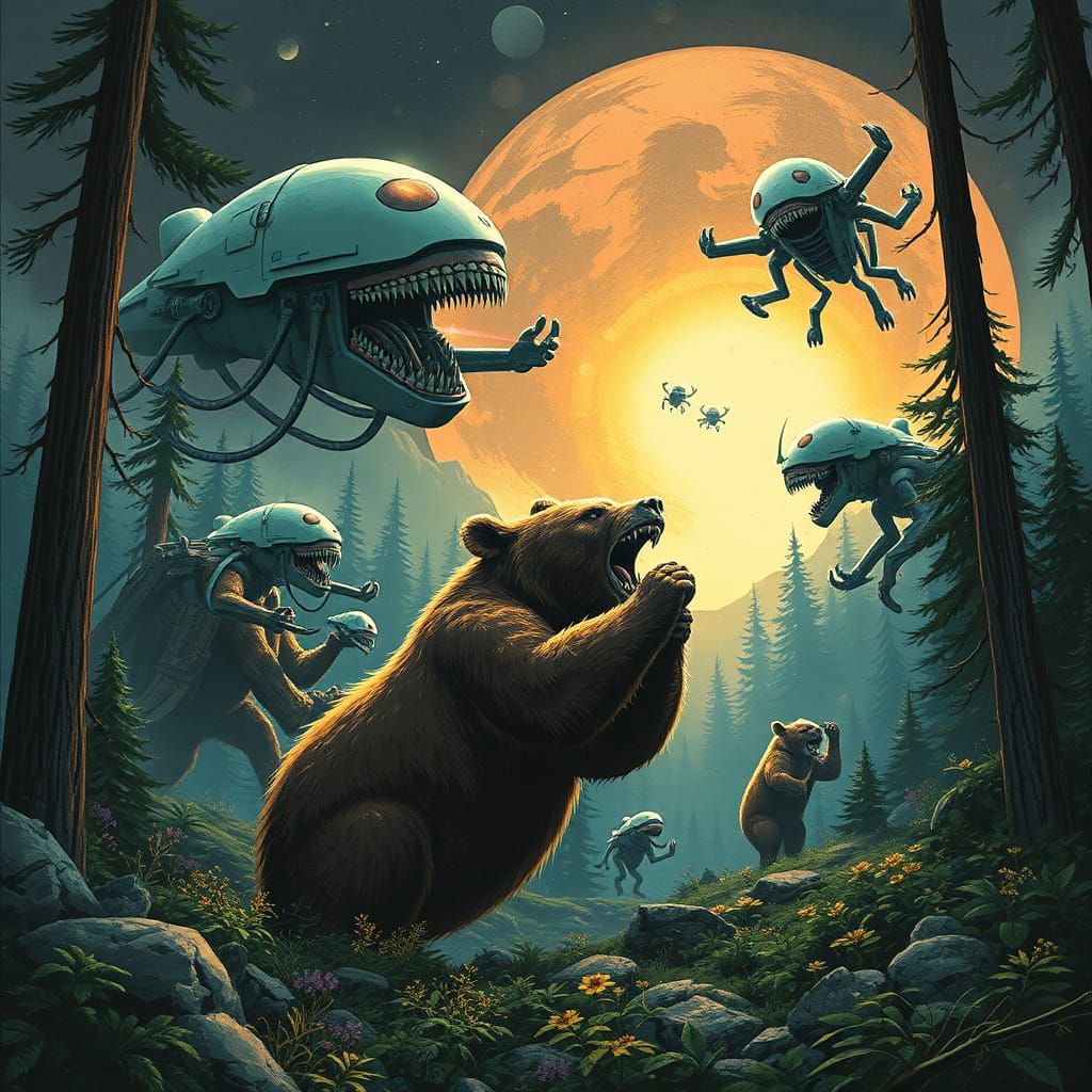 Grizzly Bears Clash with Aliens in Dark Forest