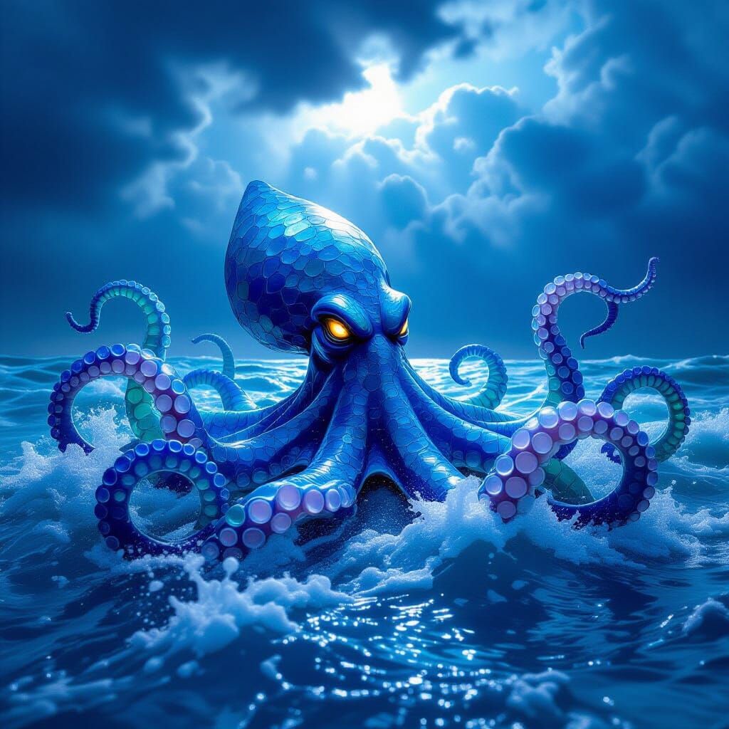 Sea Glass Kraken Emerging from Stormy Ocean