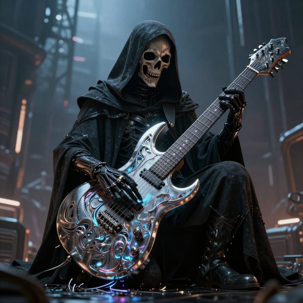 Shadow Figure Shreds Futuristic Guitar in Dystopian City