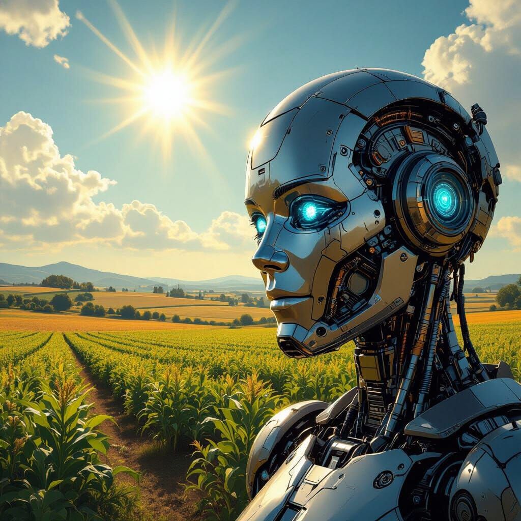 Robot Face in Agricultural Landscape with Warm Sun