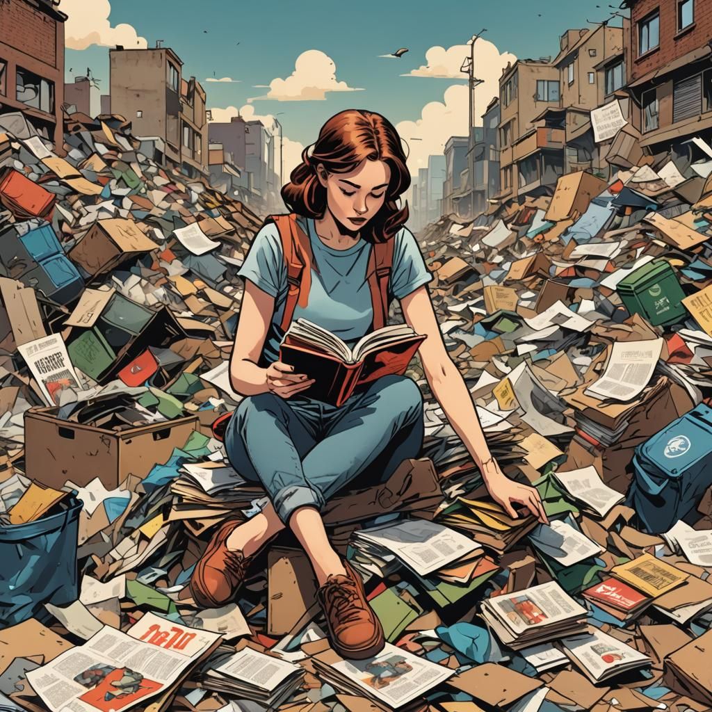 Woman Reading on Garbage Pile in Comic Book Style