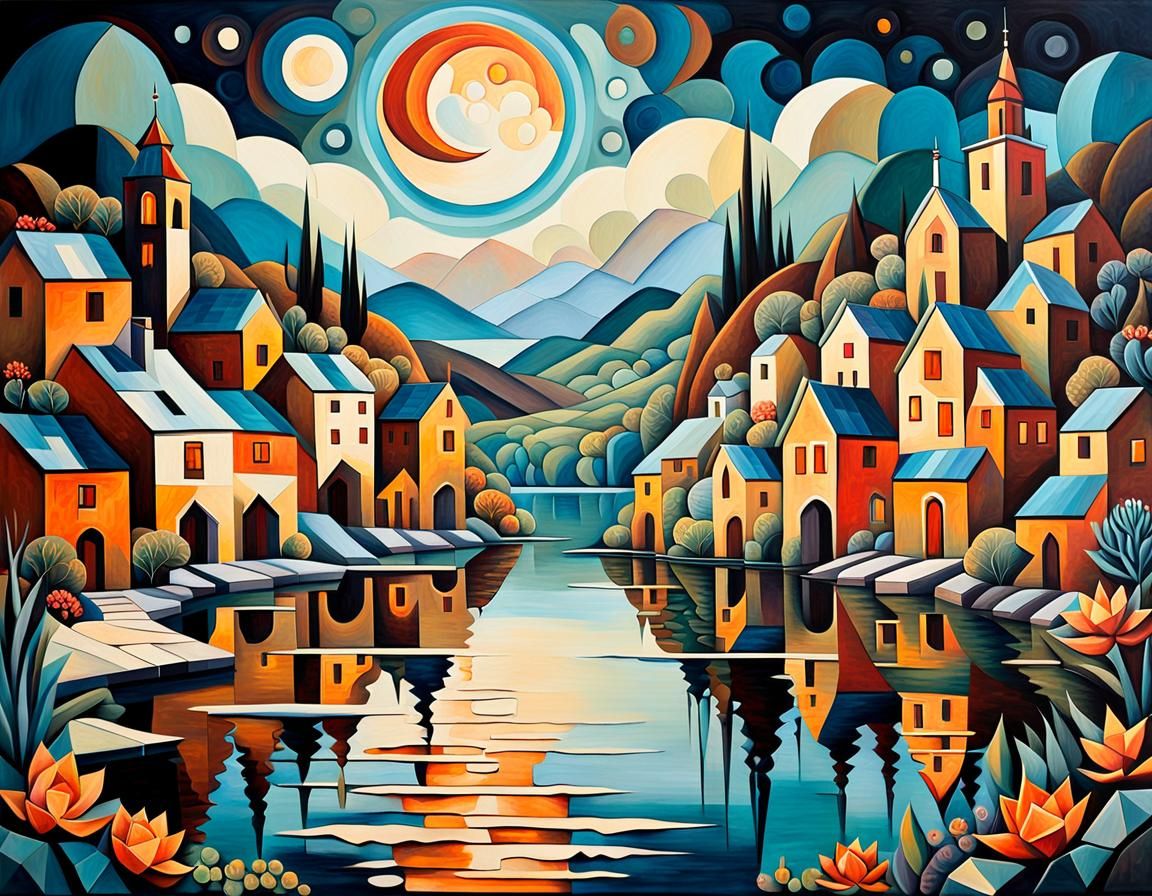 Moonlit Village: A Cubist Acrylic Painting