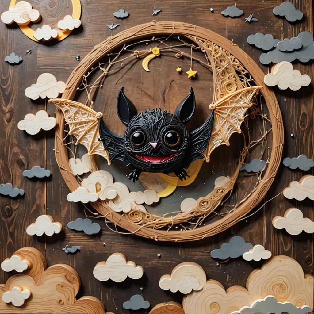 Chibi Bat in Naive String Art Style