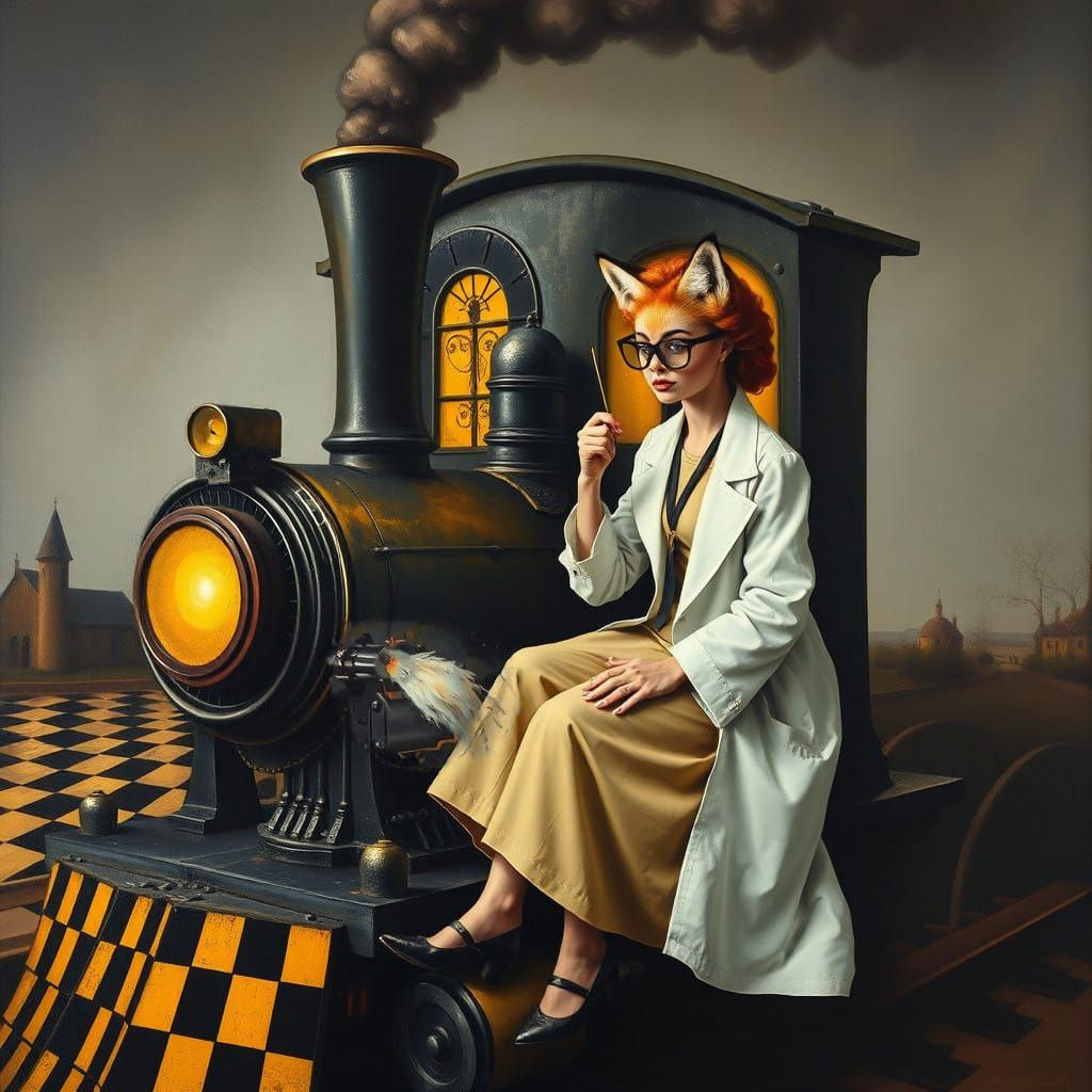 Surreal Moroccan Train Journey with Foxes and Checkerboard