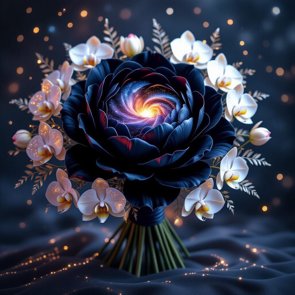 Surreal Black Peony Bouquet with Galaxy Core and Gold Orchid...