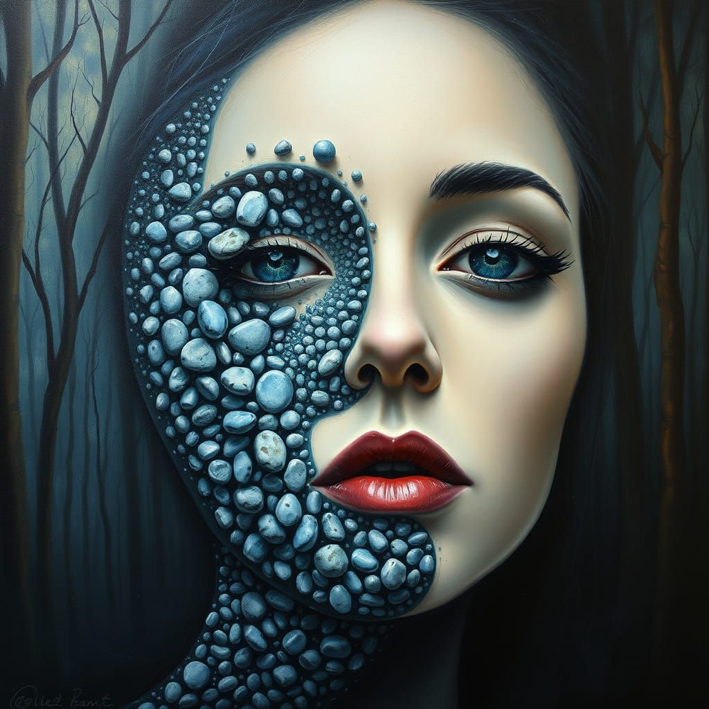 Surrealist Woman in Mystical Forest with Embedded Pebbles