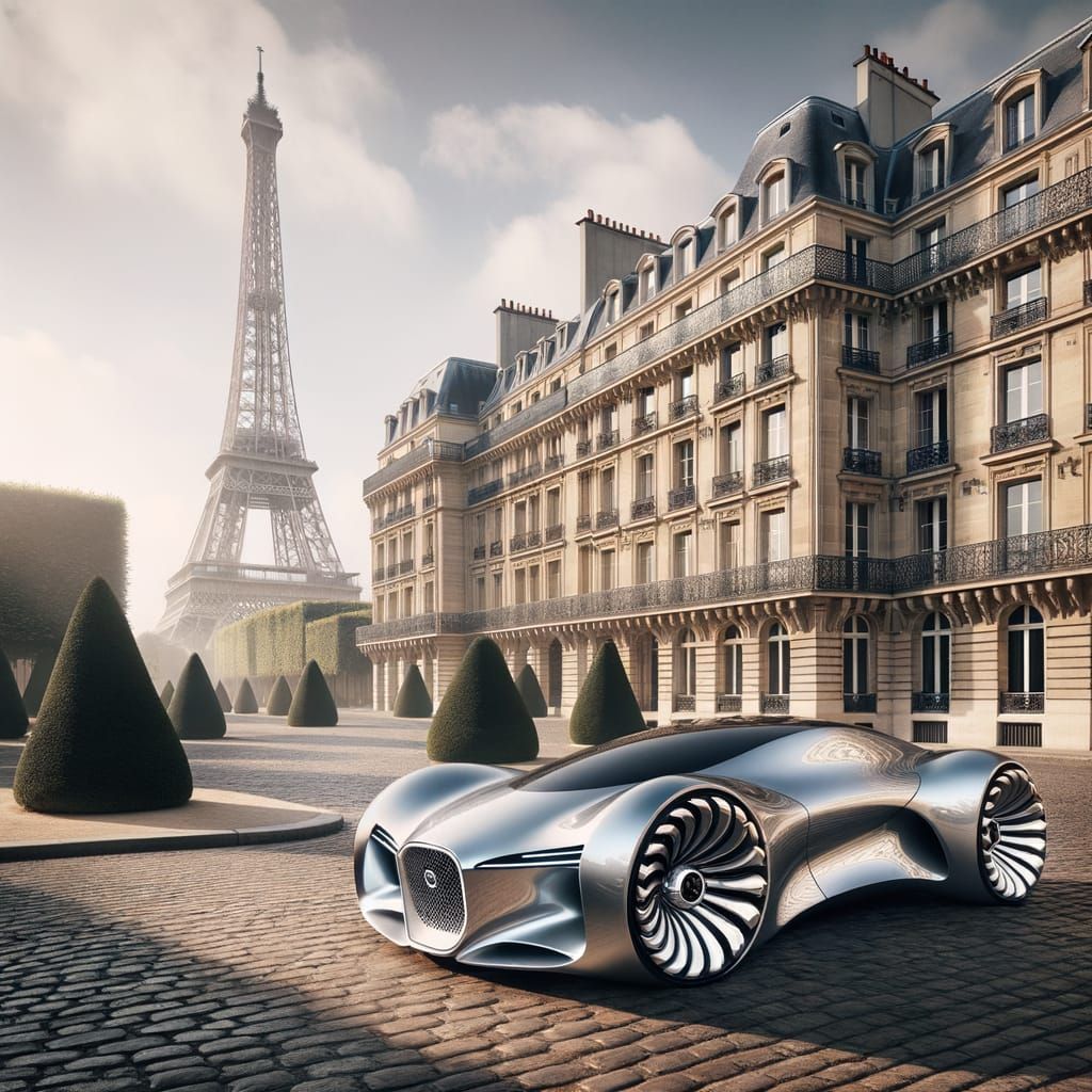 Futuristic Silver Concept Car in Paris with Eiffel Tower