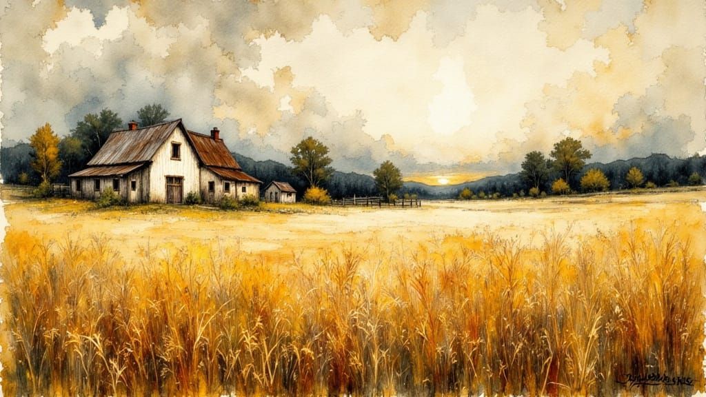 Dramatic Farm in Field as Impasto Oil Painting