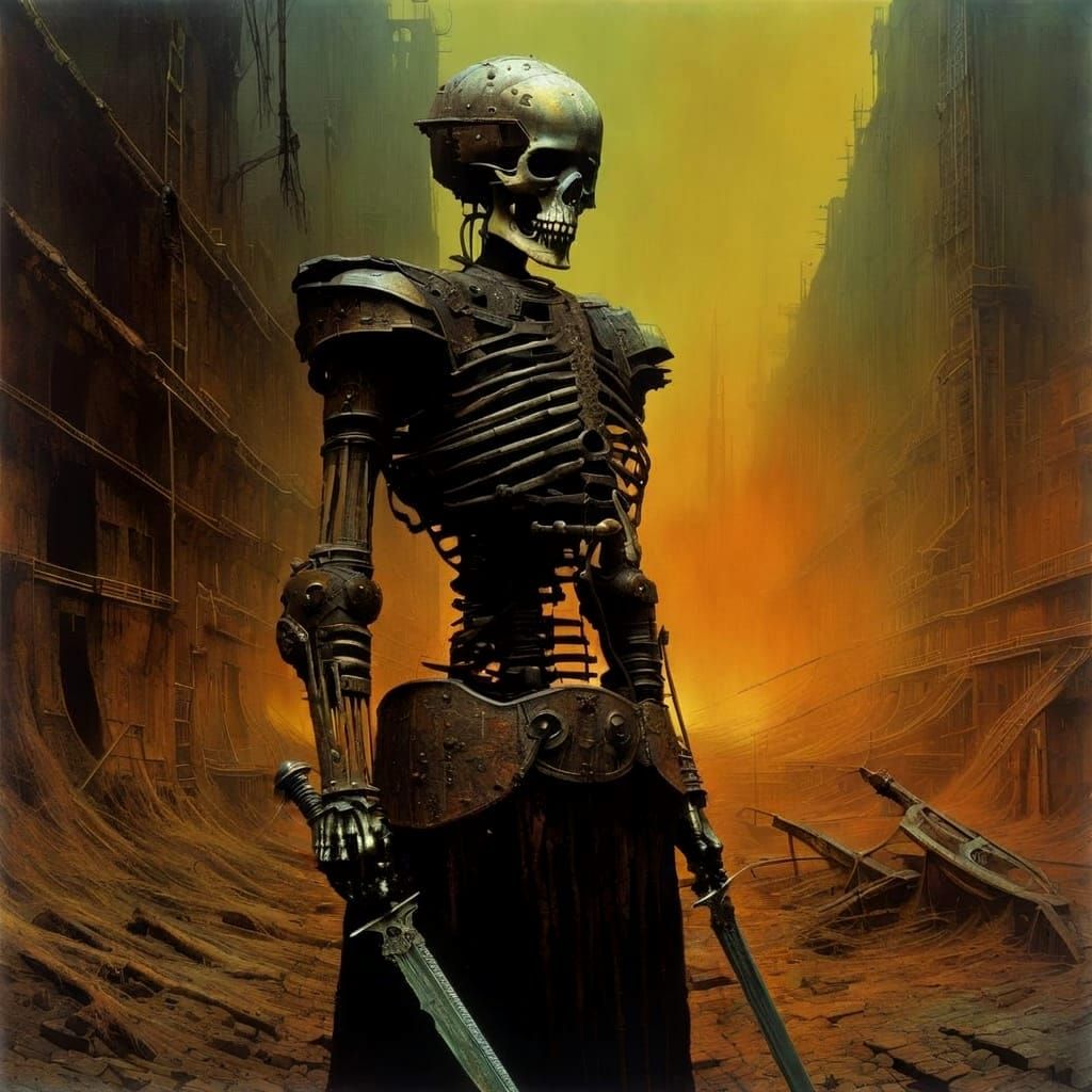 Biomechanical Metal Skeleton Warrior in Rusted Armor
