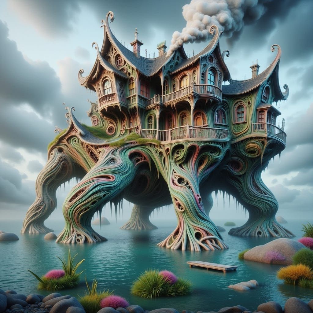 A magnificent unusual house built on top of a sea turtle that's floating in the middle of the sea. <lora:-Wonky Houses-:...