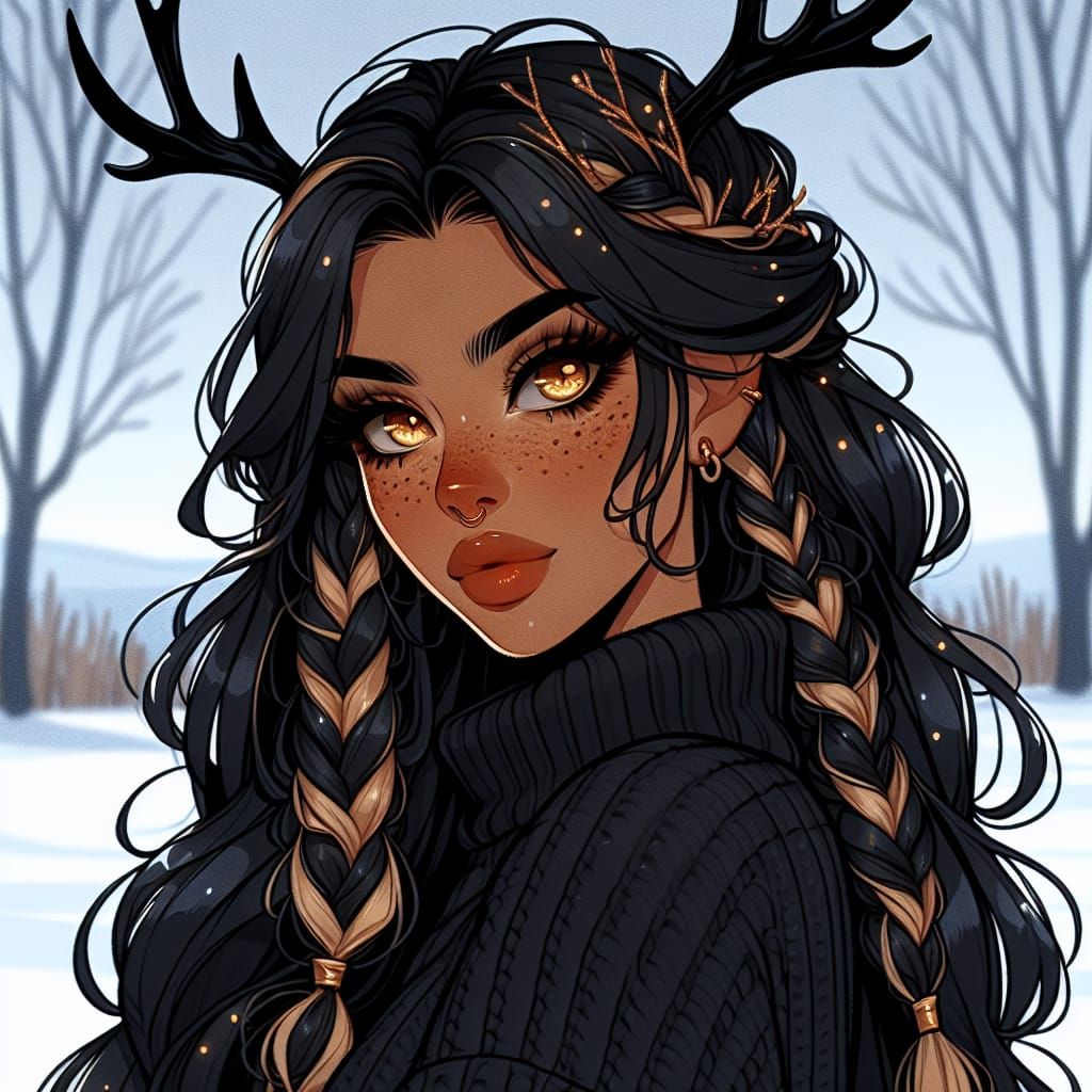 Anime Woman with Golden Eyes and Deer Antlers