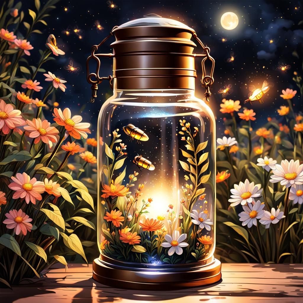 Moon and Flowers in Glass Bottle