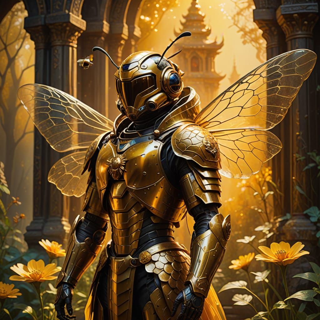 Whimsical Bee Knight Guards Golden Temple