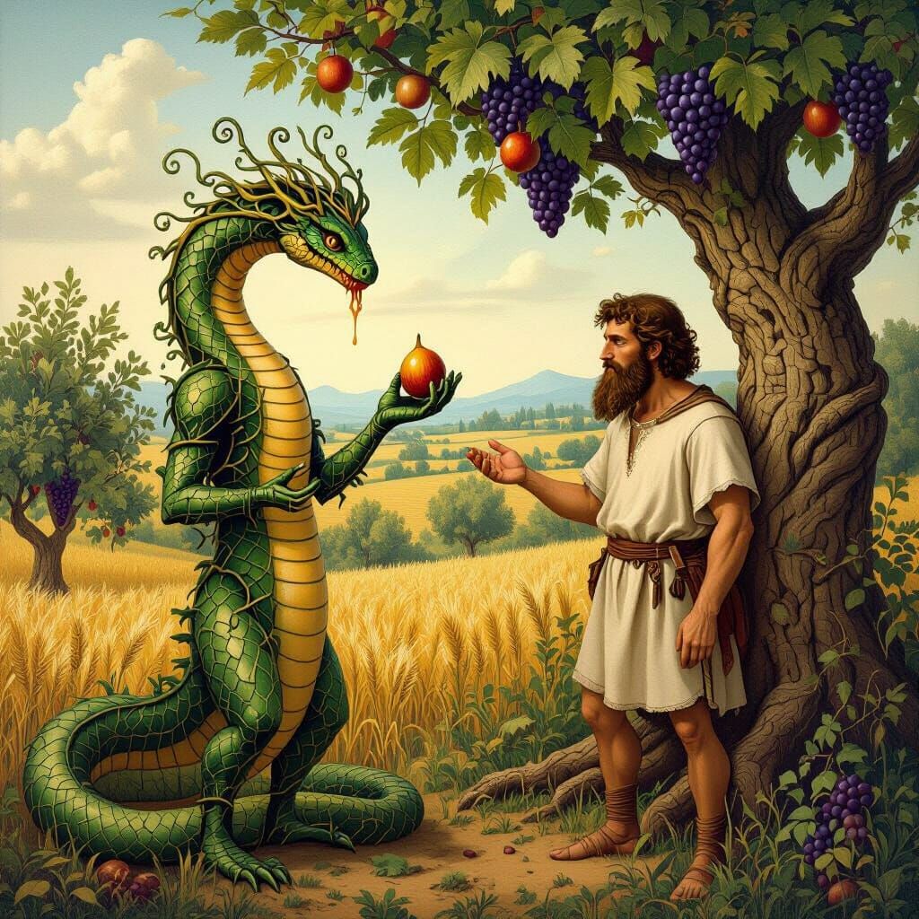 Serpent in Orchard Offering Fig, Bosch Style
