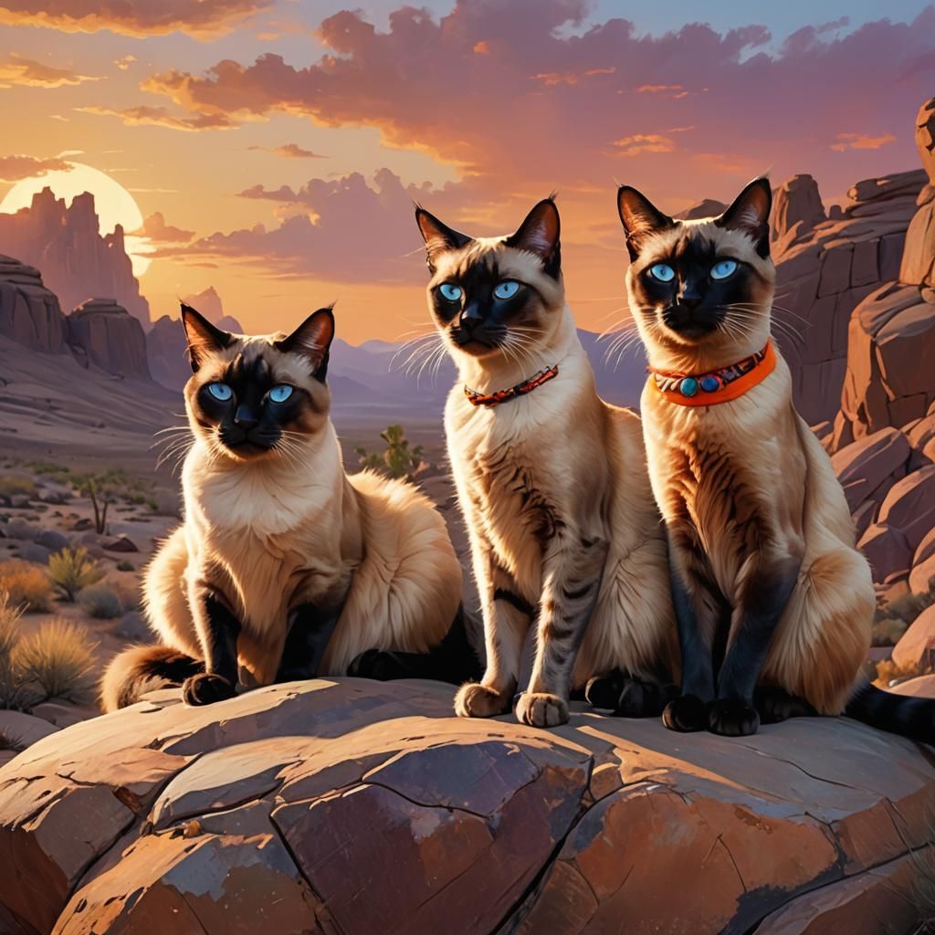 Desert Sunset with Siamese Cats: Oil Painting