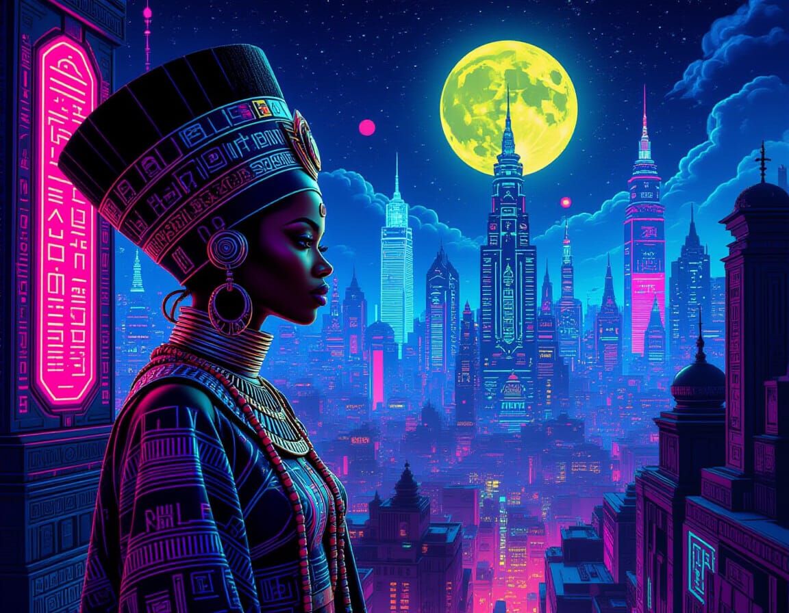 Vibrant Afrofuturist Cityscape with Neon Lights