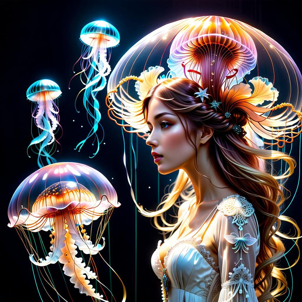 Luminous Rococo Jellyfish Starships Line Art