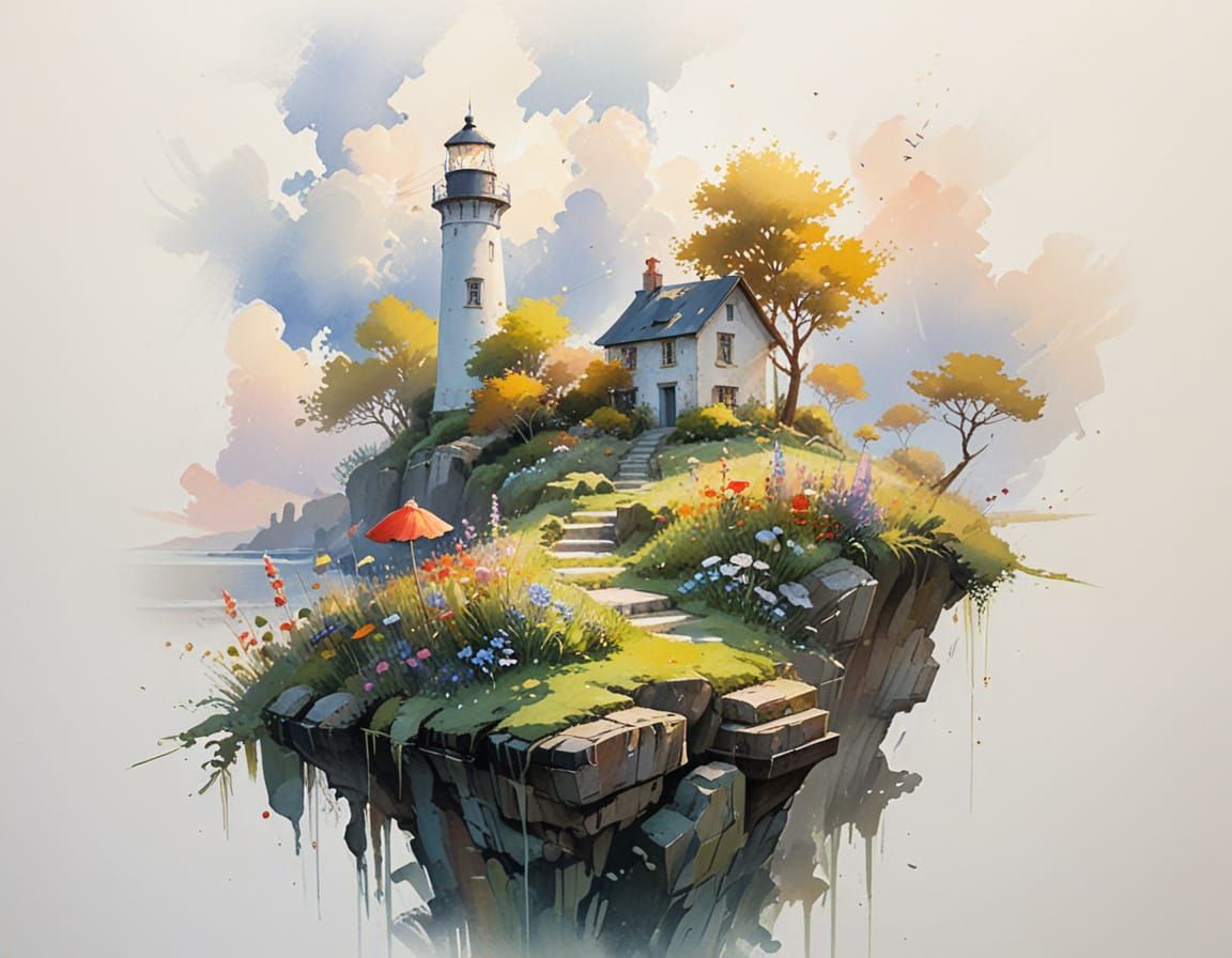 Lighthouse and Cottage in Meadow, Watercolour Painting