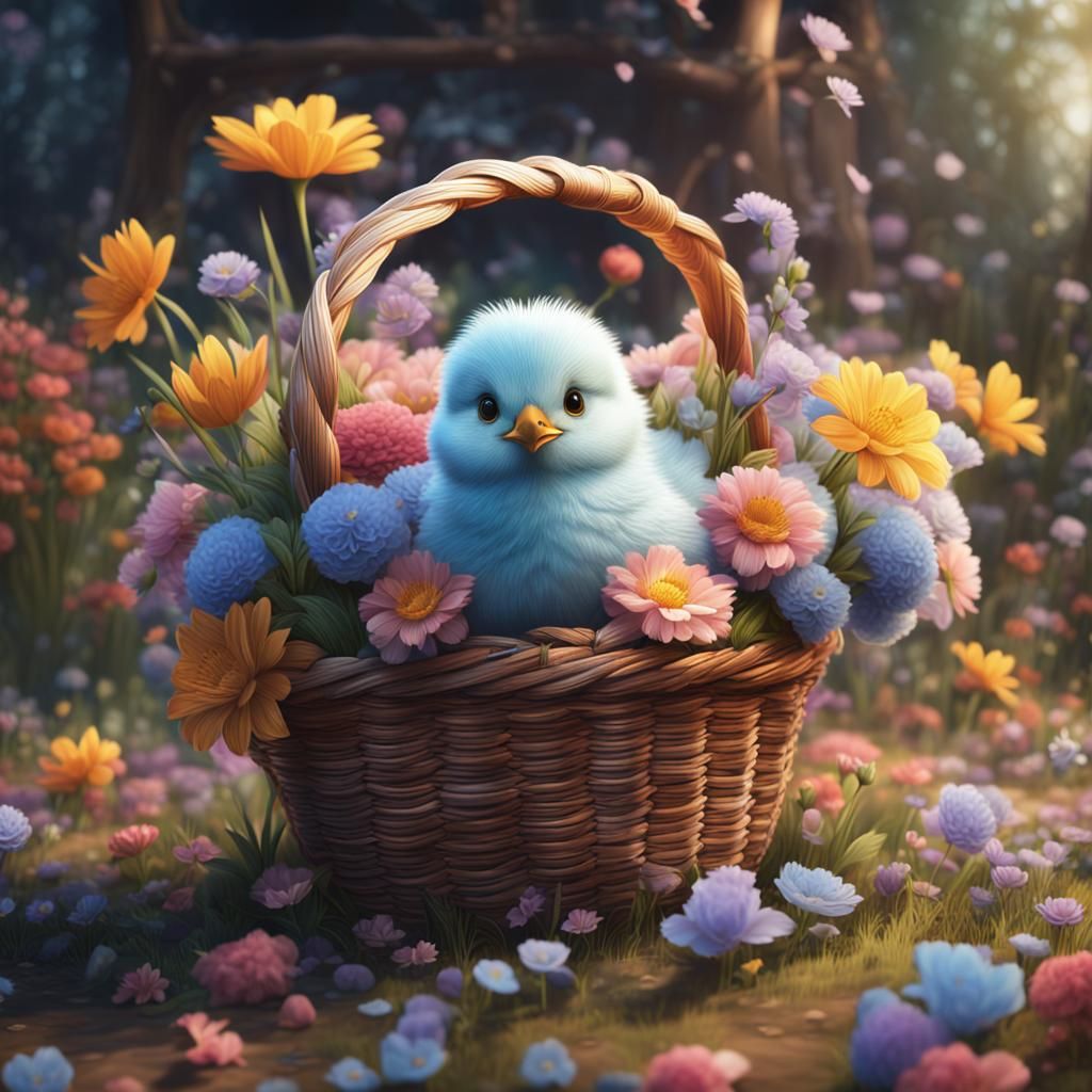 Pastel Chick in Flower Basket: Detailed Matte Painting