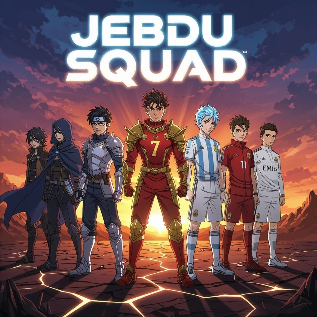 Heroic Anime-Style Superhero Team Against Epic Sunset