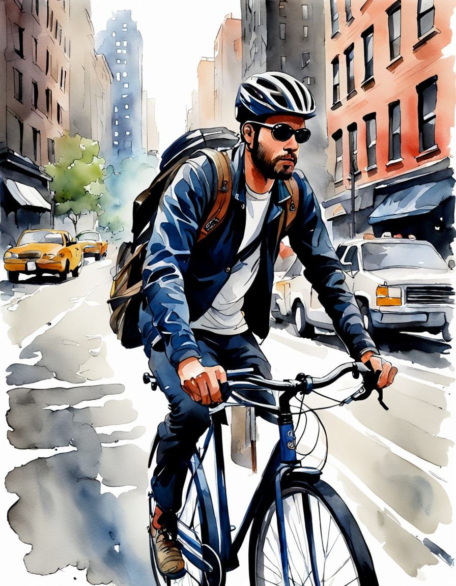Abstract NYC Bicycle Messenger in Ink and Watercolor