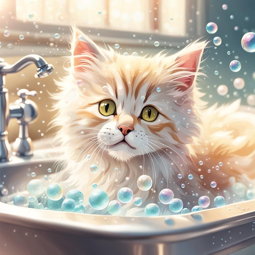 Kitten's Bubble Bath: A Whimsical Pastel Illustration