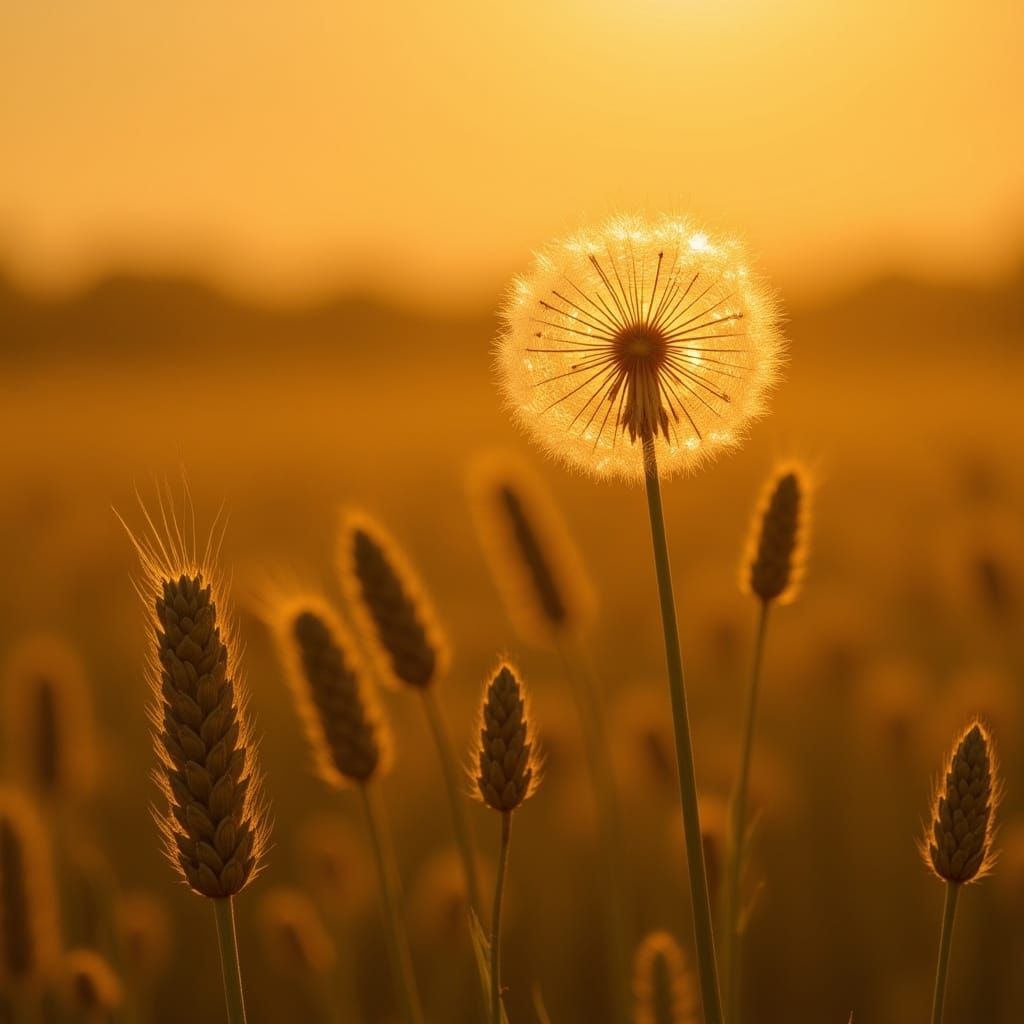 Luminous Dandelion Seed Head in Golden Field