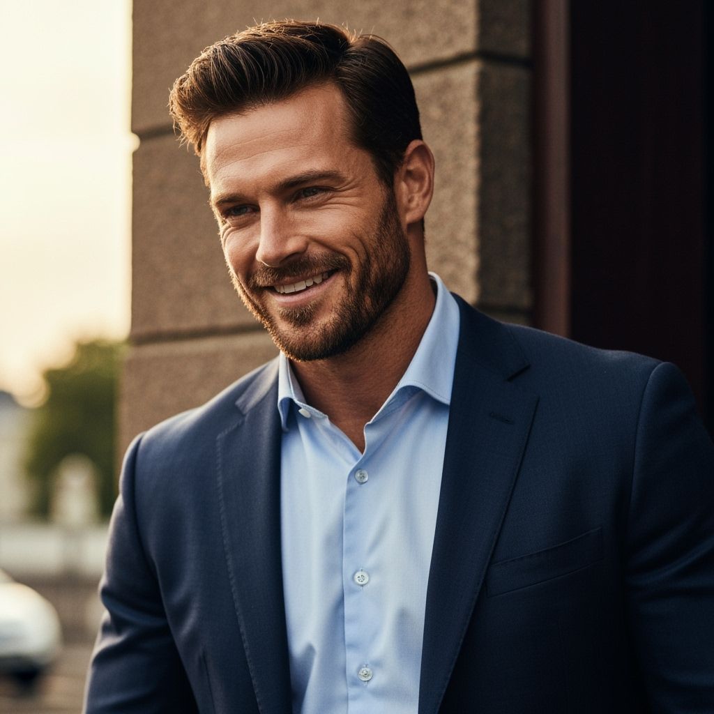 Confident Man in Suit with Golden Lighting
