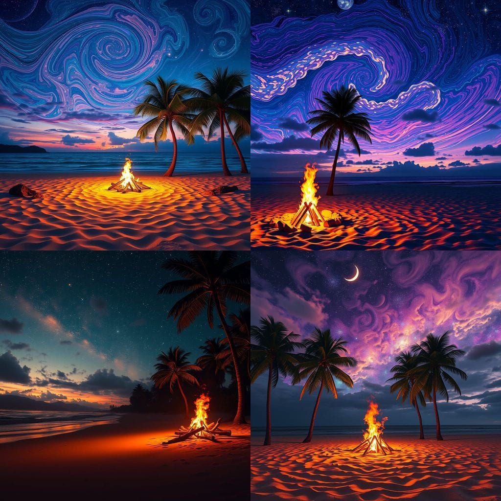 Surreal Beach Bonfire Scene Beneath Vibrant Starry Night Sky