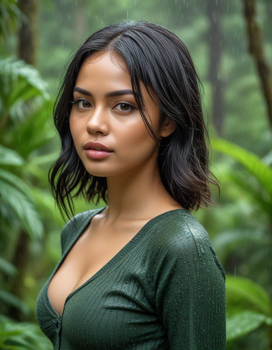 Young Woman in Tropical Storm