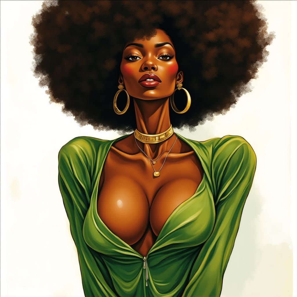 Stylish Black Woman with Afro and Gold Jewelry