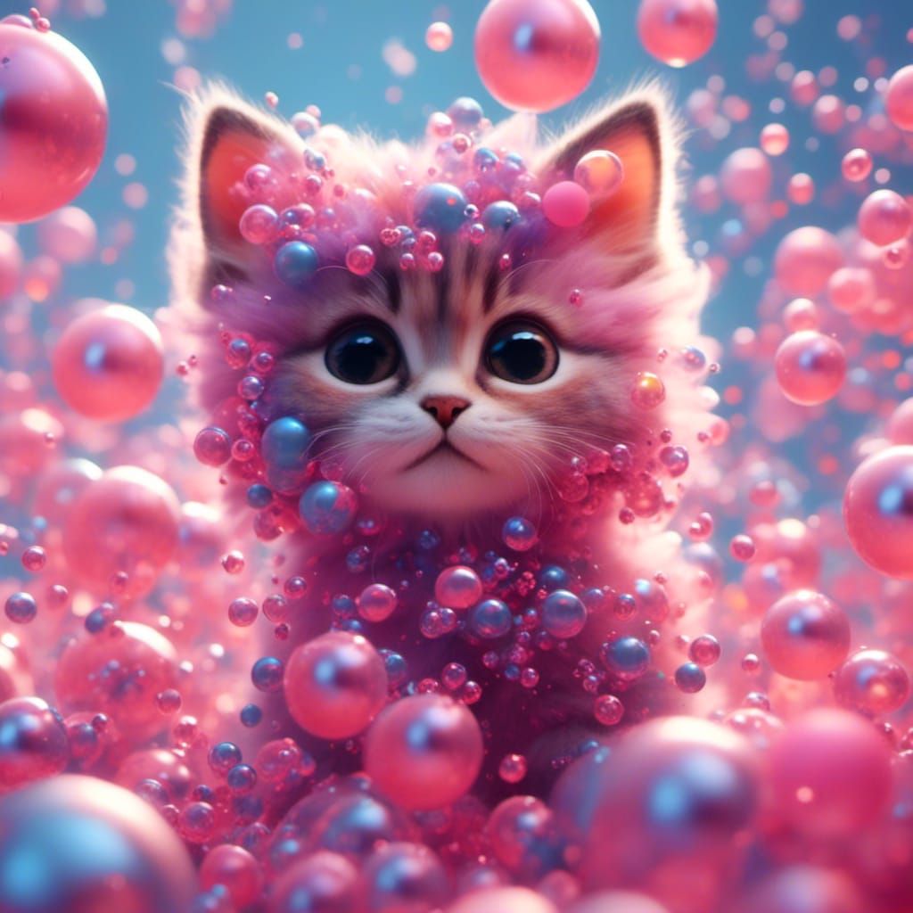 Pastel Kitten in Bubble World: Detailed Digital Art
