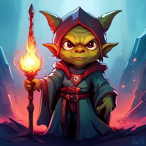 Chibi Goblin Mage with Glowing Hair in DnD Style
