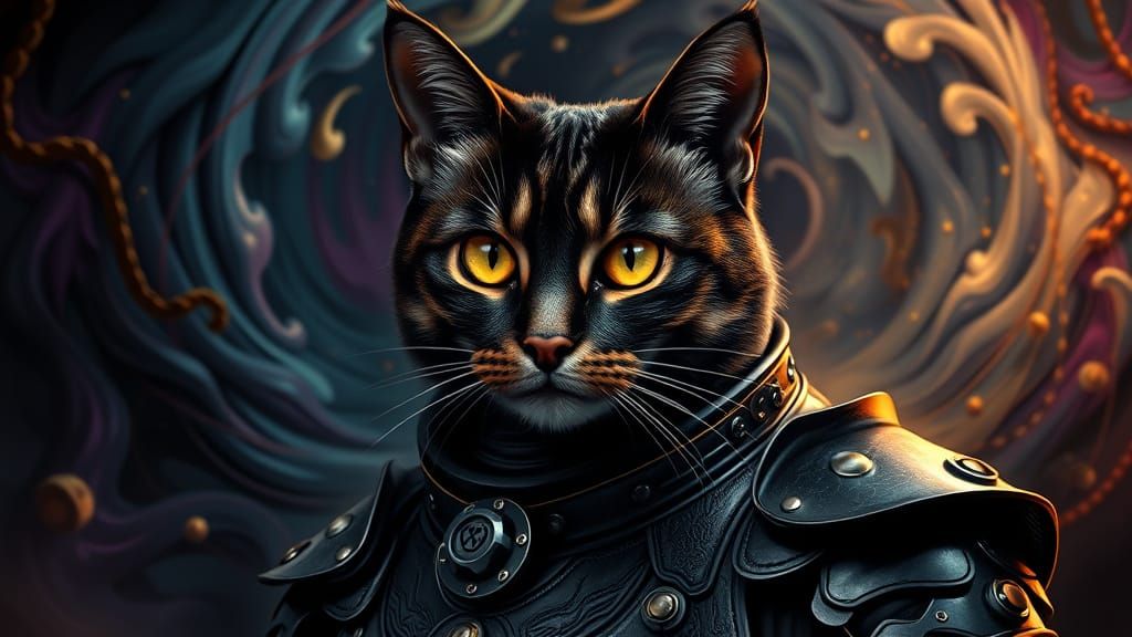 Regal Victorian Cat in Black Metal Armor