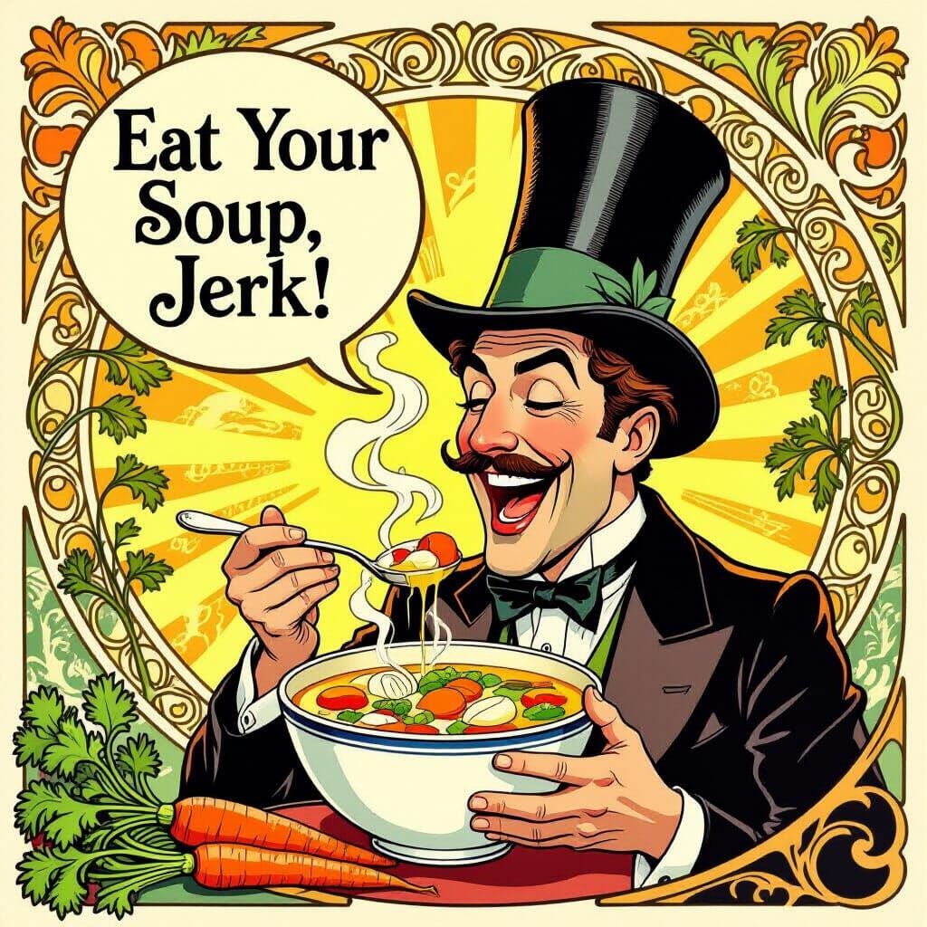 Art Nouveau Man Joyfully Eats Vegetable Soup