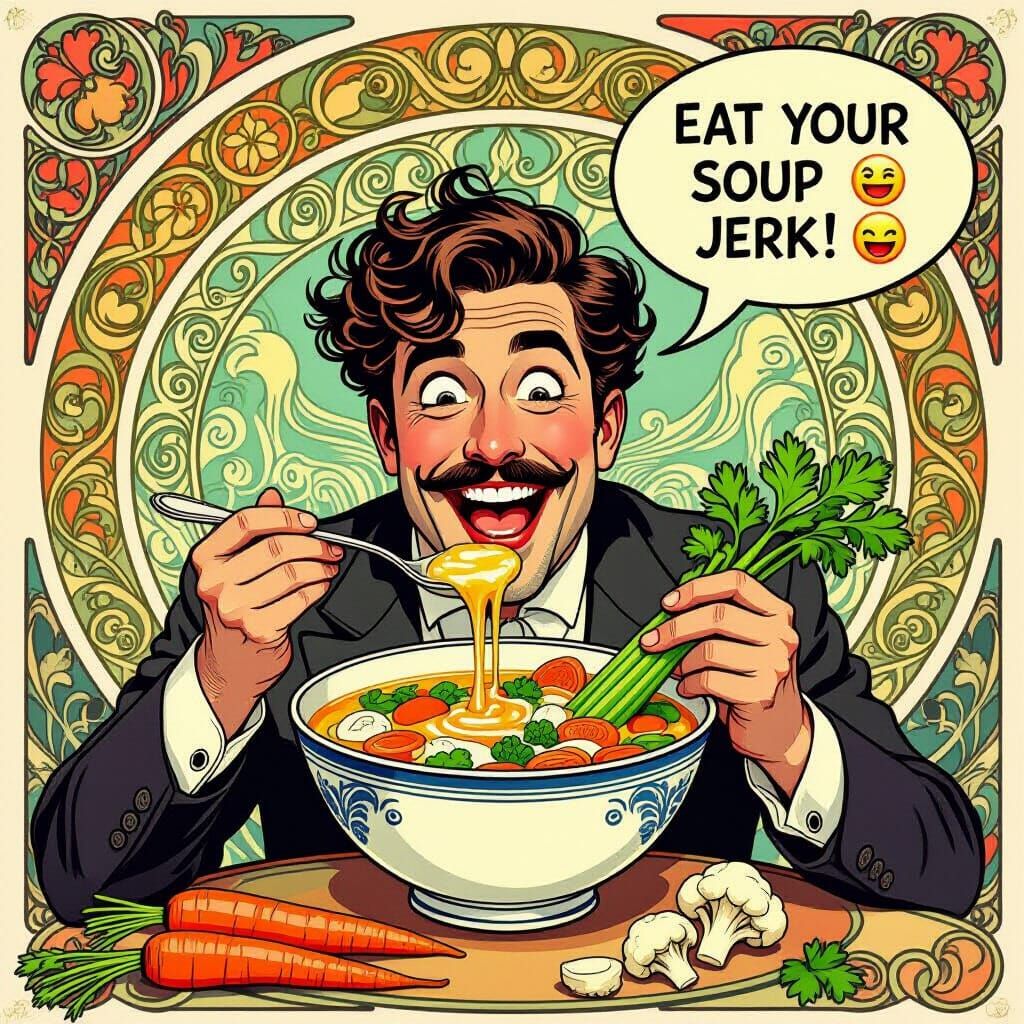 Art Nouveau Man Joyfully Eats Overflowing Vegetable Soup